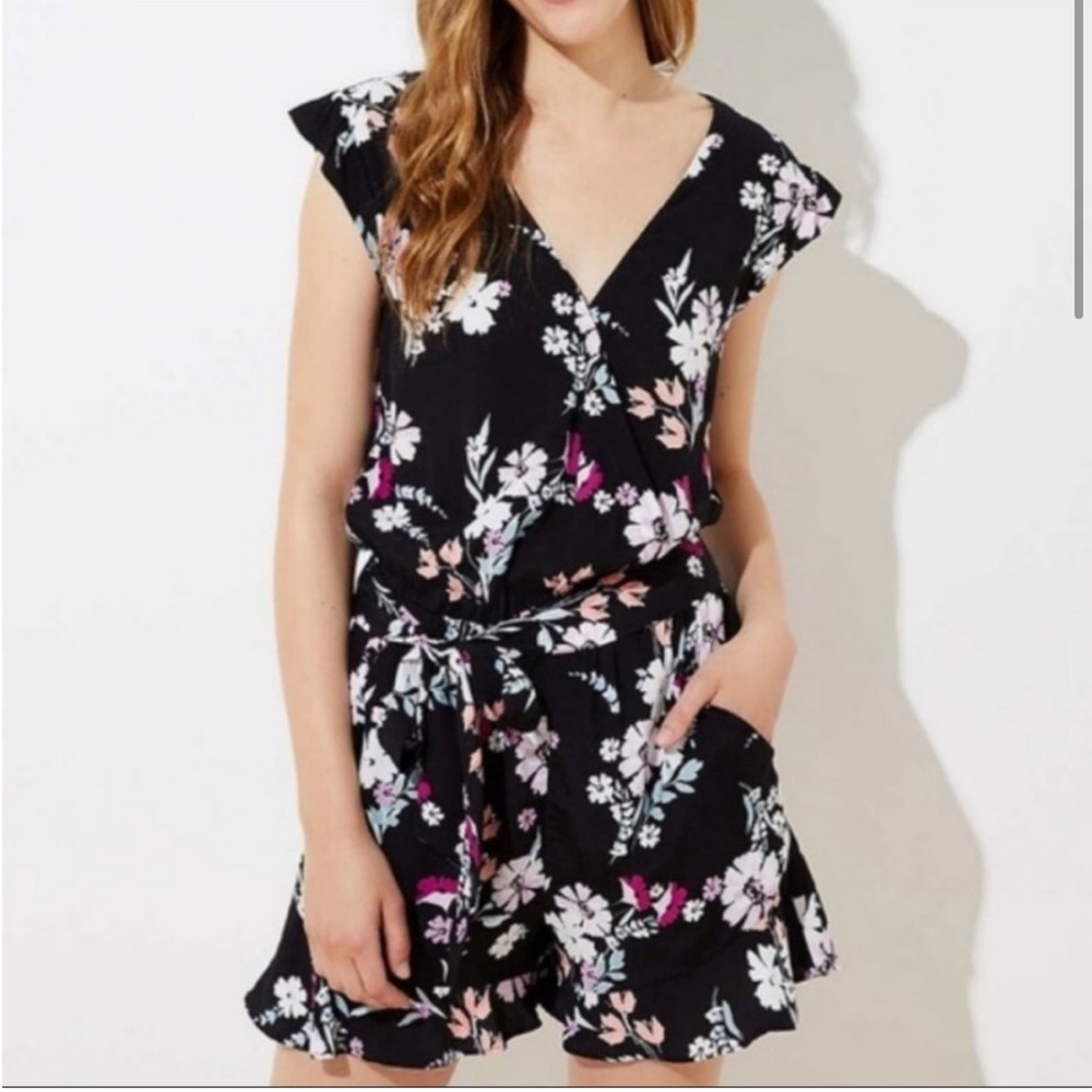 Floral black romper v neck ruffle shorts